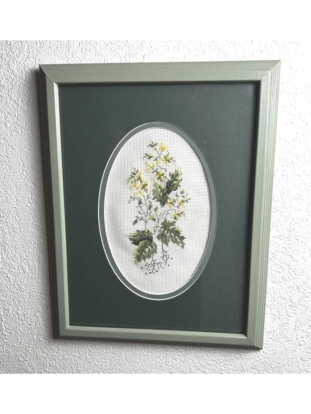 Vintage Framed Botanical Cross-Stitch with Green Frame